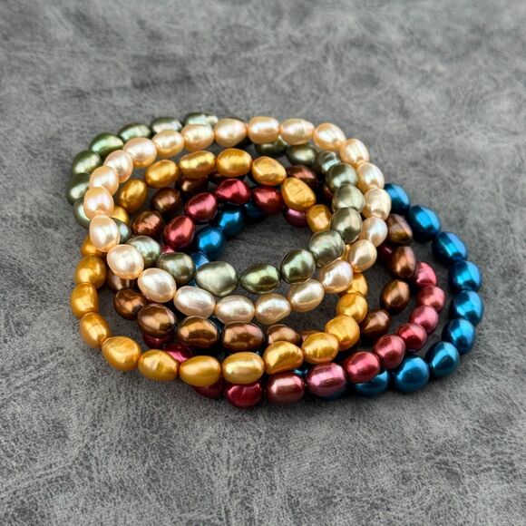 na Jewelry - Set of Six 6 Cultured Large 0.25" Freshwater Pearls Stretch Bracelets Multicolor